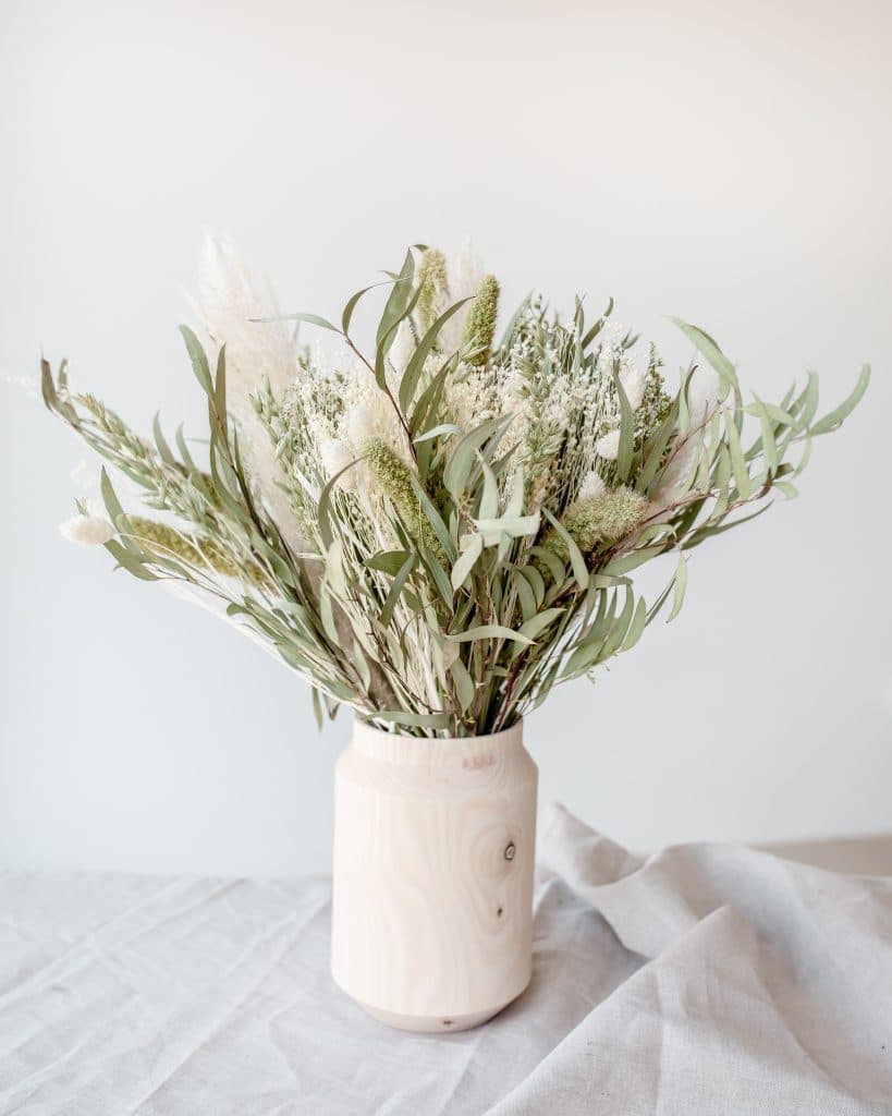 Vase en bois et bouquet de fleurs séchées Rosa Cadaqués