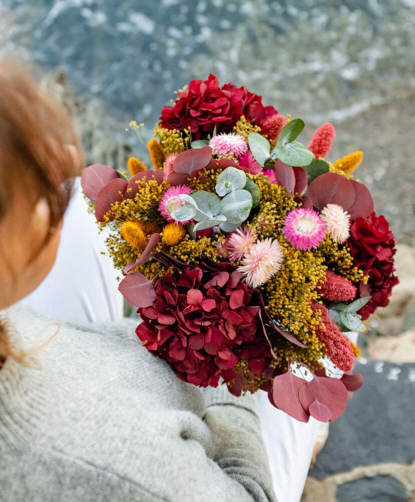 Rosa-Cadaques- Bouquet Cala-Pola- Fleurs séchées Hortensia et Eucalyptus